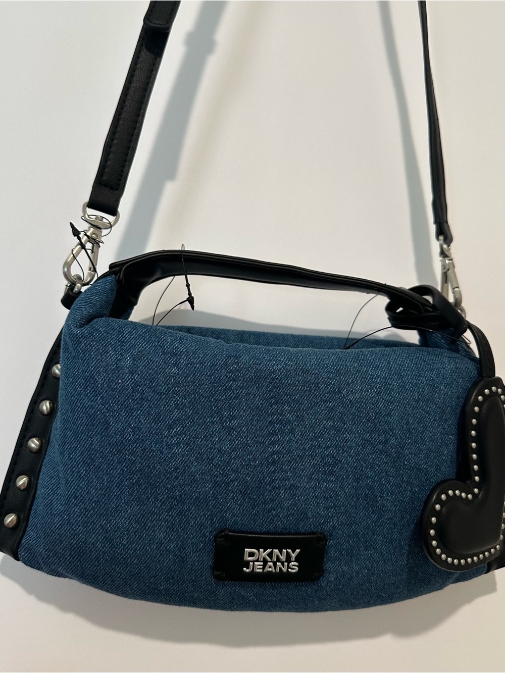 DKNY Denim Rocco Mini Crossbody Leather Heart and Grommet Trim